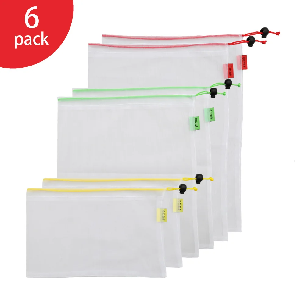 

6pcs Fruit Net Bag Mesh Reusable Produce Bags Vegetable Fruit Storage Market Shopping Polyester Stitching Storage Bags