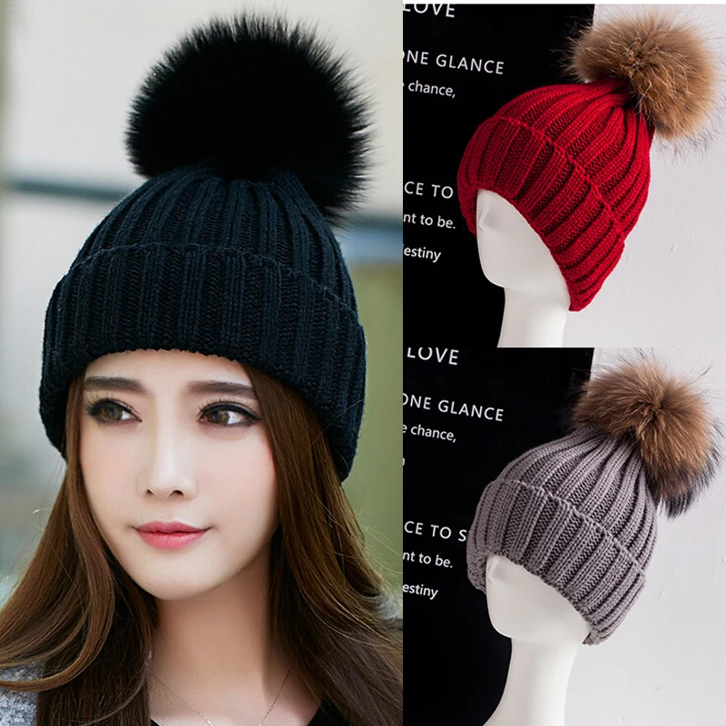 Новая модная женская зимняя теплая вязаная шапочка шапка из кроличьего меха с помпоном вязаная шапка с черепом серая красивая