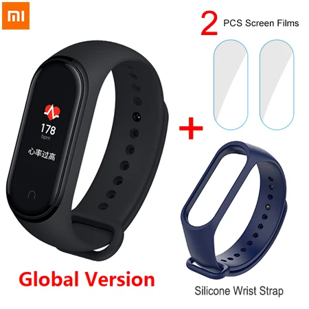 Blue strap 2 film Xiao mi Band 4 умный Браслет 0,96 ''AMOLED цветной сенсорный экран для сердечного ритма фитнес-браслет mi band 4 Global NFC - Цвет: Blue strap 2 film