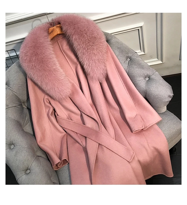 pink Женская кашемир. удлин. куртка с поясом MaoMaoKong, кашемировая удлиненная куртка с поясом, с воротником, отделанным натуральным мехом лисы, зима - Цвет: pink