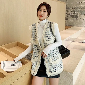 

New Women Fringed Pearl Retro Plaid Tweed Vest Houndstooth Waistcoat Pockets Sleeveless Tassel Jacket Outerwear Female Long Tops
