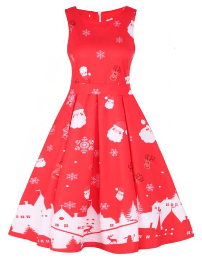 Новогодние вечерние платья, винтажные женские платья средней длины размера плюс, Vestido Invierno Mujer, рождественское платье без рукавов, женское платье с круглым вырезом - Цвет: 3952A-Red White