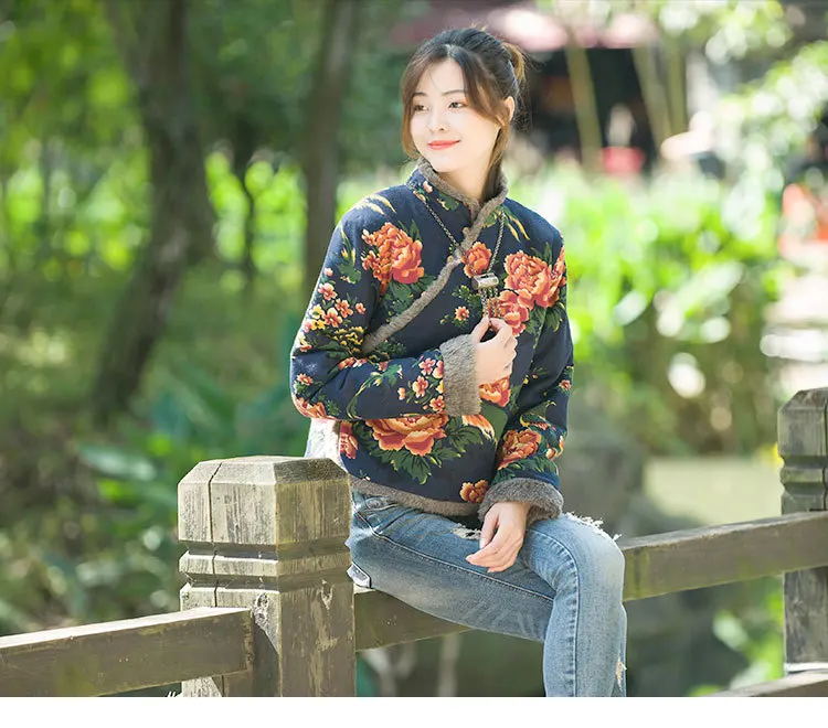 Retro plus velvet cotton women's autumn winter new brand clothing generation cotton linen jacket women