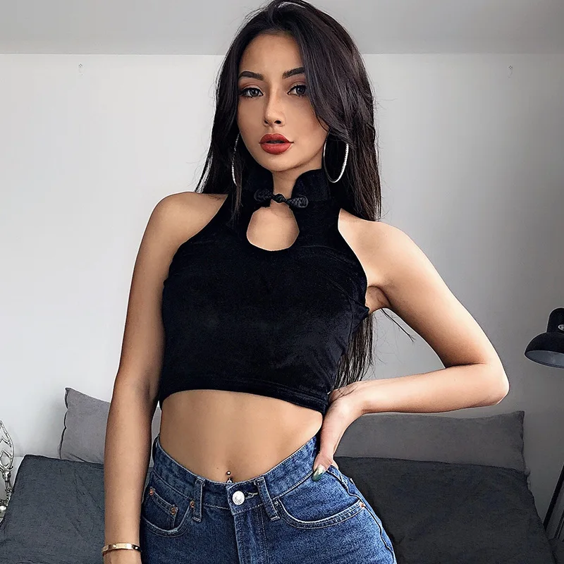 Сексуальный топ на бретелях для девочек, китайский стиль, Cheongsam воротник, хлопок, стрейчевый облегающий обрезанный женский топ