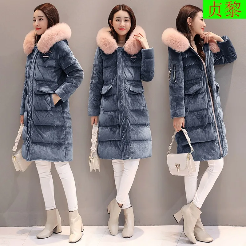 

2018 Winter New Style WOMEN'S Dress Fashion Winter over-the-Knee Mid-length Thick Gold Velvet down Cotton Clothes Coat Fashion