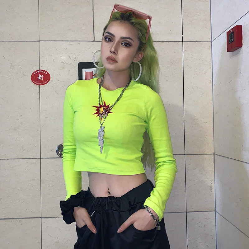 HEYounGIRL Базовая футболка с длинными рукавами Женская Повседневная футболка с вышивкой Harajuku Хлопковая женская неоновая зеленая футболка Женская Осенняя