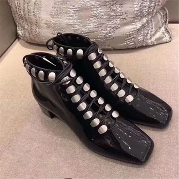 

Scarpe Donna Ladies Boots Botines Mujer Punk Patent Leather Chaussures Femme Square Toe Ankle Boots Metal Decoration Women Shoes