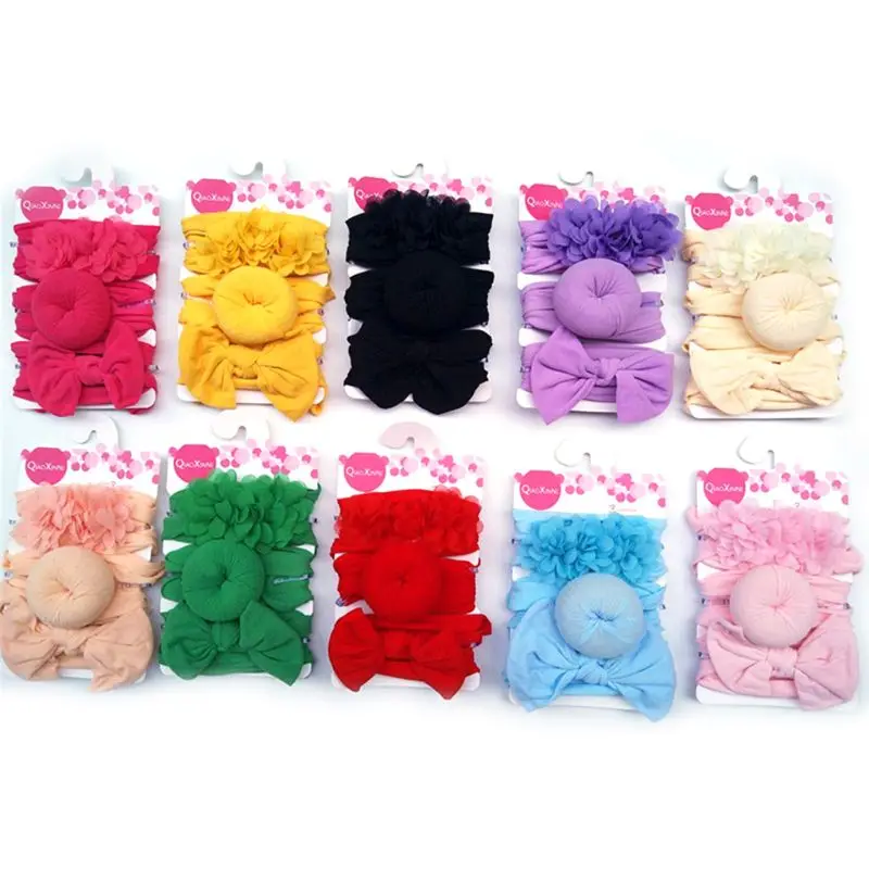 

3 Pcs/set Fashion Nylon Bow Headband Newborn Baby Bow-knot Round Ball Headwrap Girls Children Flower Donut Hair Band