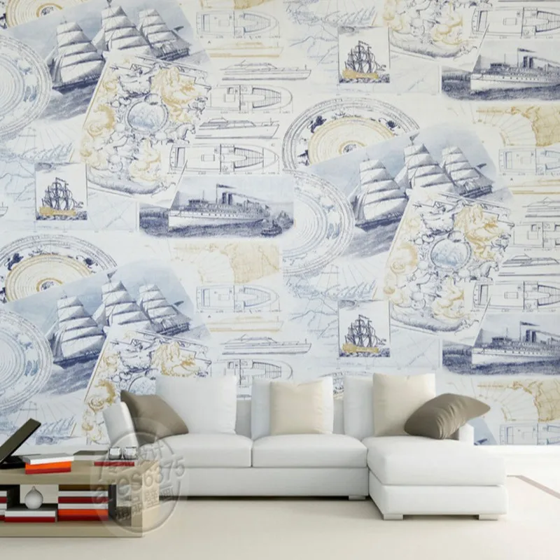

Drop Shipping Modern Retro Fashion Wallpaper Custom Hand Drawn Sailboat Nautical Fresco Background Wall Balcony Mural