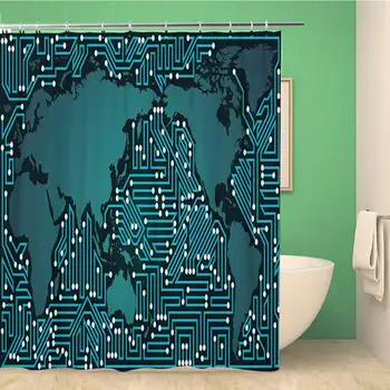 

Bathroom Shower Curtain Abstract World Map Communication Network Circuit Board of Teal 66x72 inches Waterproof Bath Curtain Set