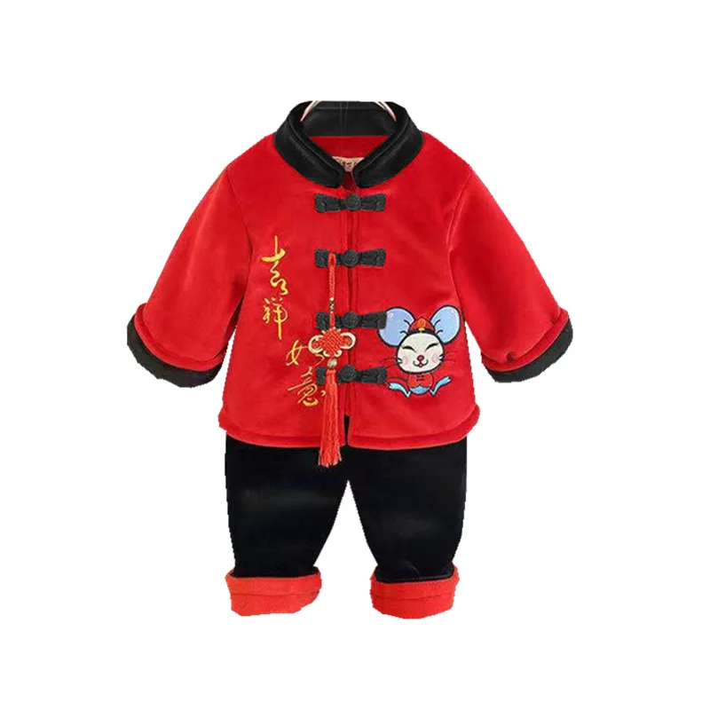 

2019 New Year Baby Thickening Tang Suit Unisex Girl Boy Mouse Print Hanfu with Free Chinese Knot Boy Children Warm Set