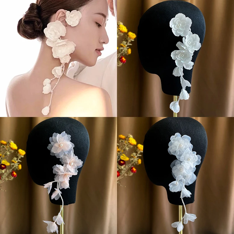 Pendientes largos de flores hermosas, tocado de tela de crepé, flor para colgar en la oreja, decoración para el tocado de novia de doble uso, pendientes|Pendientes con forma de gota| -