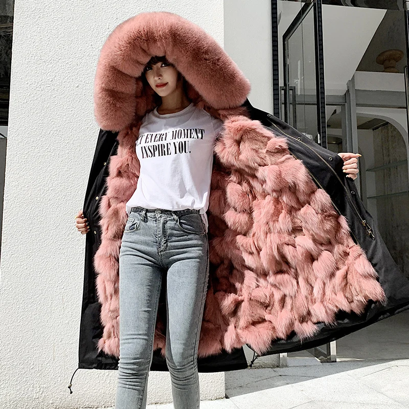 

2020 New Parka Real Fur Coat Winter Jacket Fox Fur Collar Hood Thick Warm Liner Outerwear Streetwear Natural Women Sleeve Style