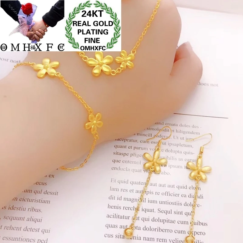 OMHXFC YM33 в европейском стиле комплект из модных женских для вечеринки, дня рождения свадебный подарок цветок 24KT золото Цепочки и ожерелья+ браслет+ серьги комплект ювелирных изделий