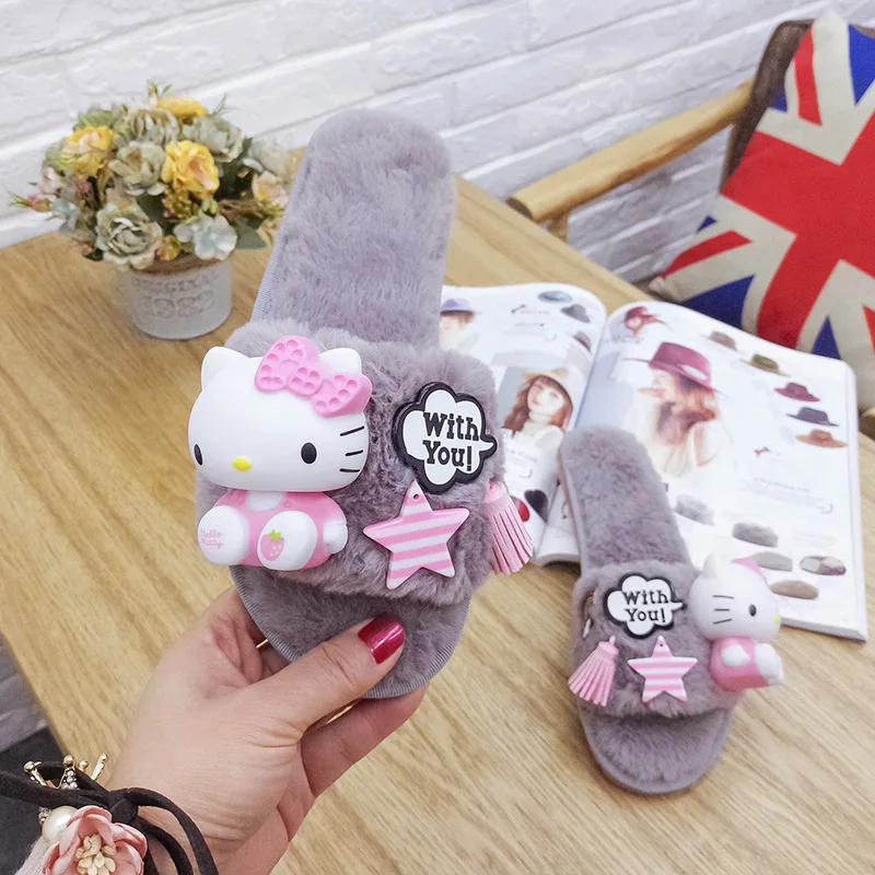 Winter Home Slippers Women Fur Plush Sandals Hello Kitty Woman Indoor Slippers House Shoes Socofy Platform Shoes Potato Slippers