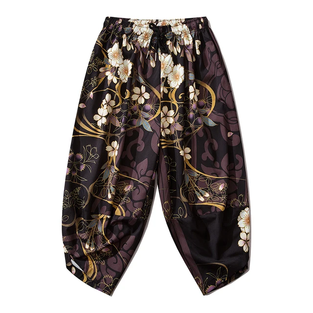 Bebovizi 2020 Japanese Style Harajuku Men Trousers Sakura Samurai Costume Loose Fashion Women Traditional Bloom Pants Haori 158