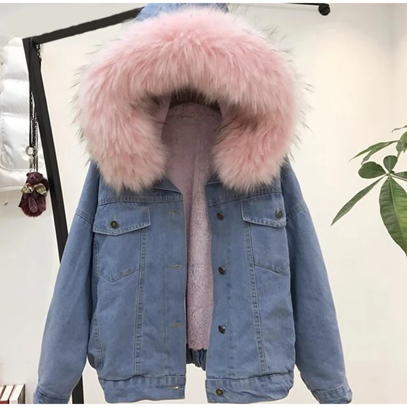 

streetwear denim faux fur collar fleece hooded 2019 winter thick top female coat outerwear women jean jacket korean kpop