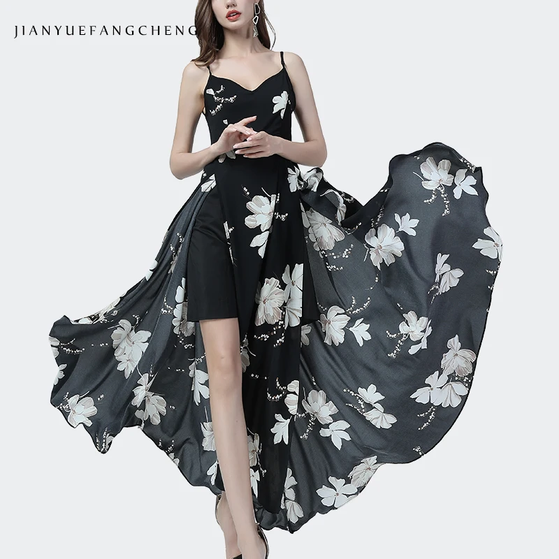 

Женское длинное платье на бретельках, элегантное офисное платье без рукавов с цветочным принтом и V-образным вырезом, Привлекательное платье с разрезом сбоку и открытой спиной, лето 2020