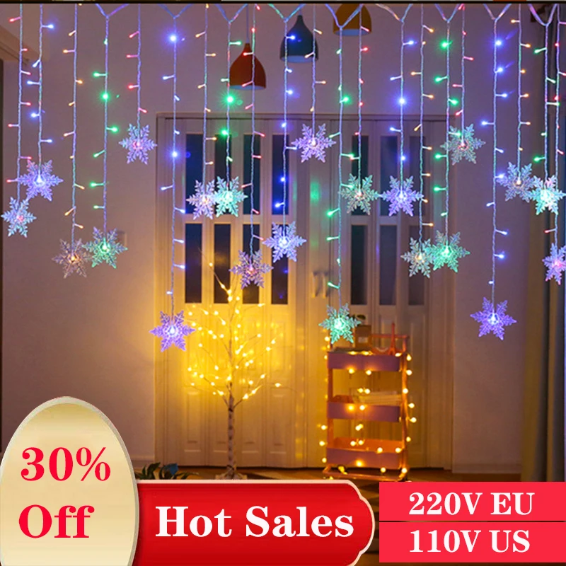 

3.2M New Christmas Lights Snowflake Decoration LED Fairy String Lights Flash Light For 2022 New Year Curtain Outdoor Party Decor