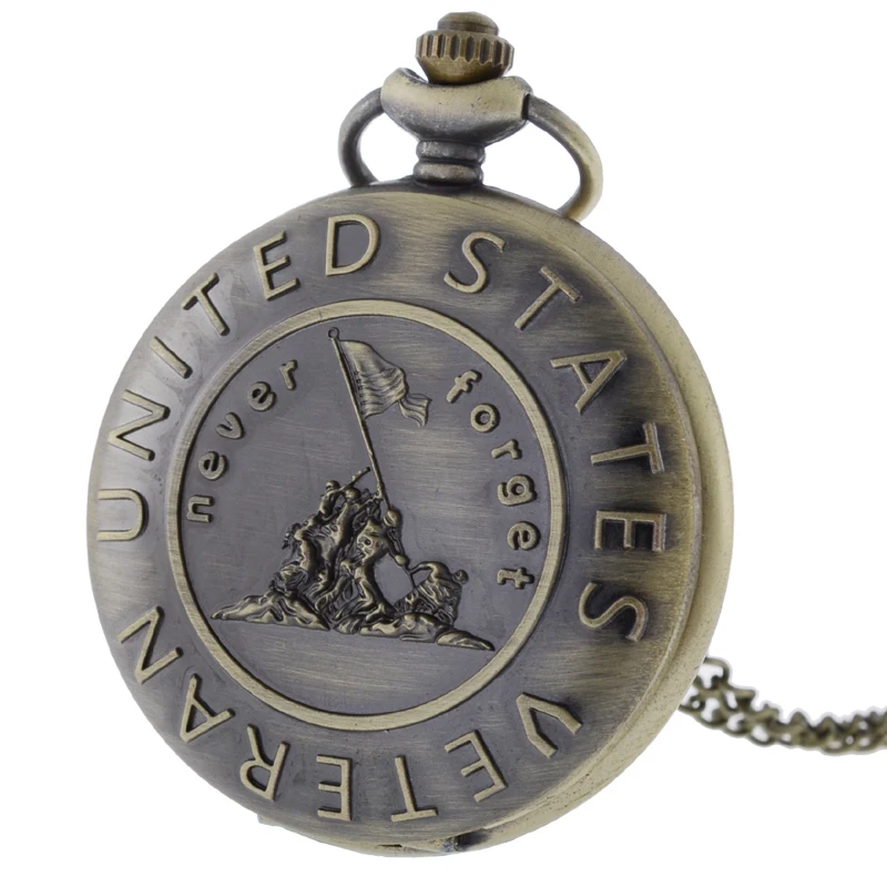 

IBEINA Never Forget US VETERAN Theme Full Hunter Quartz Engraved Fob Retro Pendant Pocket Watch Chain Gift