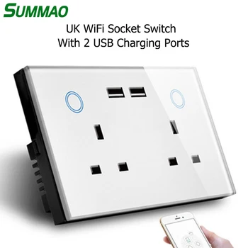 

UK Wireless Smart Touch Switch WIFI Wall Socket Glass Panel Double USB Outlet Plug Charger Work with Alexa APP Google Assistant