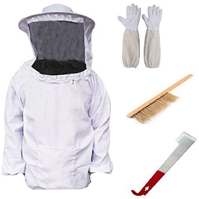 BMBY-Beekeeping Beekeeping Equipment Tool 4 Pieces / Set Breathable Jacket Veil Long Sleeve Gloves Honeycomb Brush J Hook Honeyc