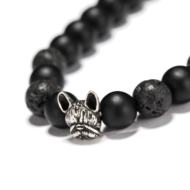 Noter French Bulldog Bracelet Men Vintage Copper Beads Strand Bracelet Natural Matte Lava Stone Braslet Erkek Bileklik Pulseras