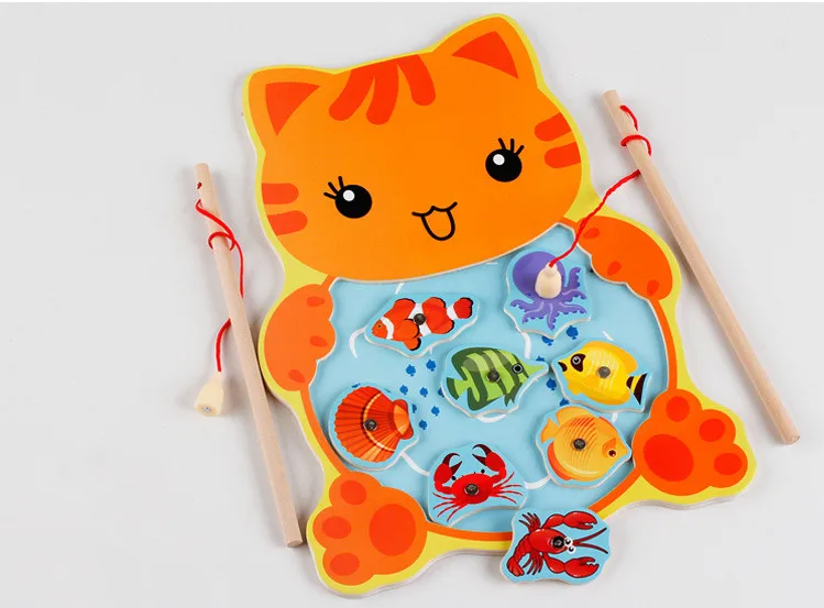 Детские игрушки для рыбалки Милая Магнитная настольная игра «Рыбалка» мультяшная лягушка кошка головоломка для детей деревянные игрушки MG41
