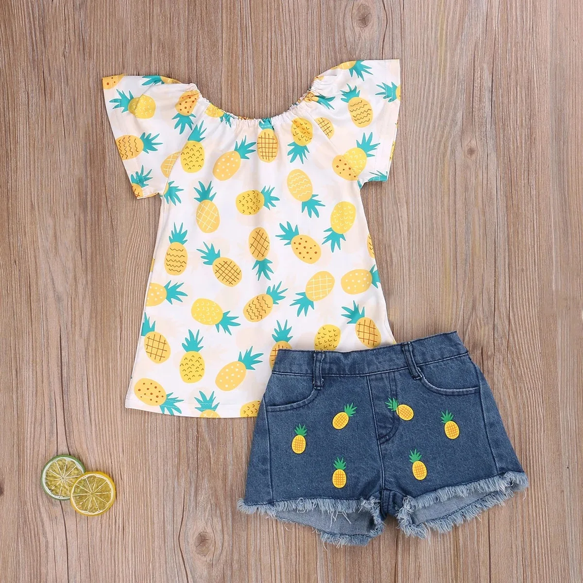 2021 verão meninas conjunto de roupas abacaxi crianças da moda criança sem mangas topo + demin shorts 18m a 8 anos
