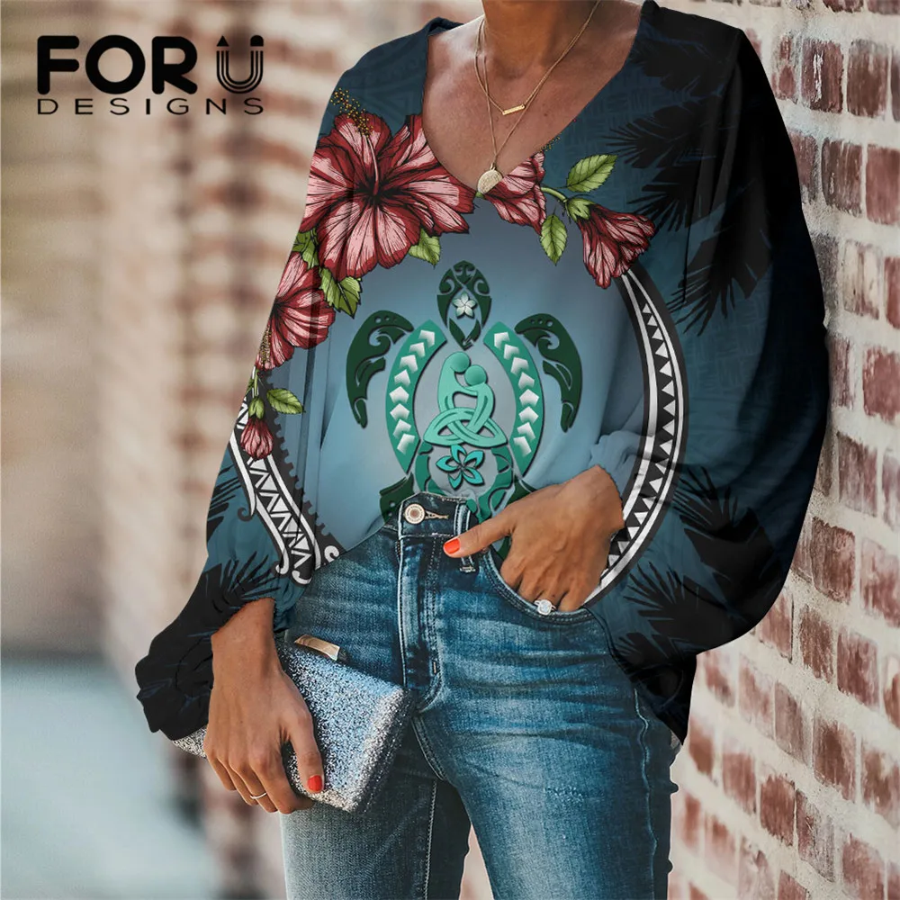 

FORUDESIGNS Brand Design Women Loose Blouse Hawaii Turtle Polynesian Tribal Hibiscus Plumeria Grils Long Sleeve V-neck Chiffon