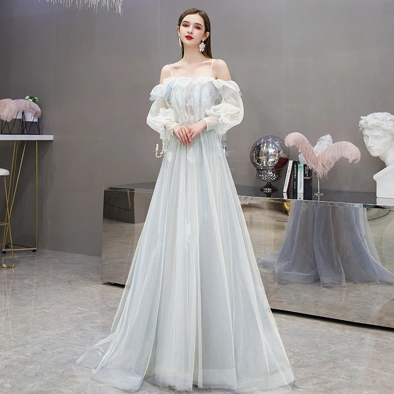 SSYFashion, романтичный светильник, голубое вечернее платье, вырез лодочкой, Пышный рукав, длинное кружевное Тюлевое платье в пол, вечерние платья для выпускного вечера, Vestido De Noche - Цвет: as the picture