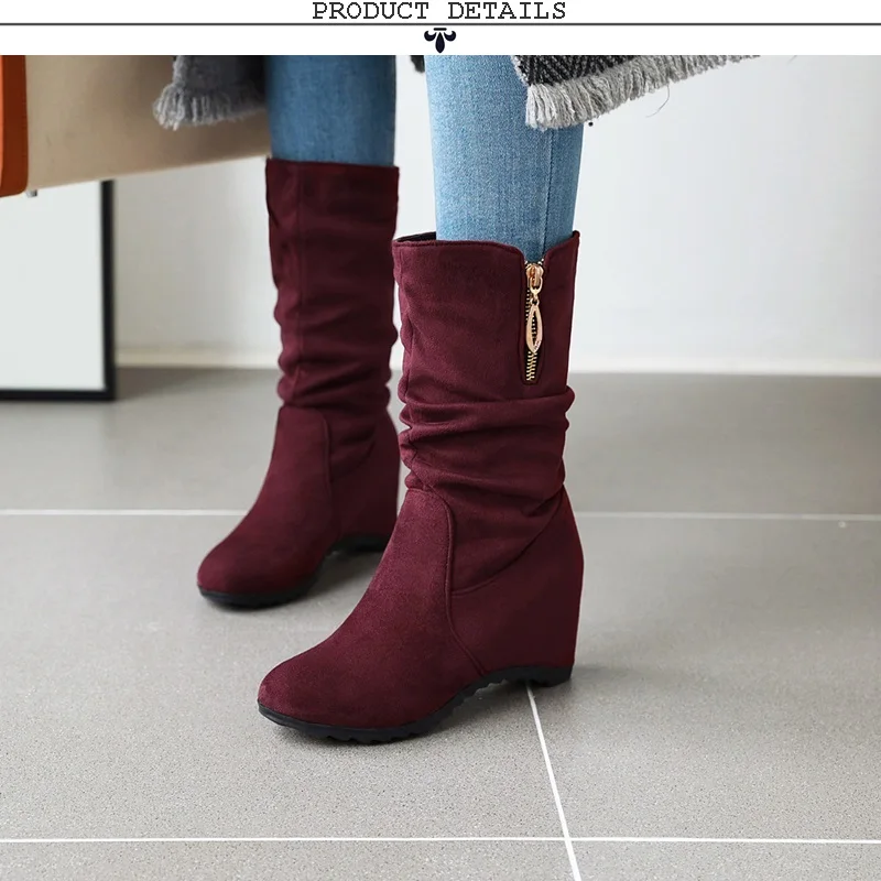 EGONERY winter new concise mid calf boots outside casual high heels round toe flock zipper women shoes drop shipping size 33-44