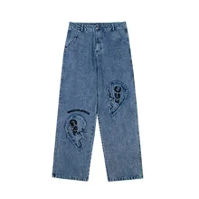 Pantalones vaqueros Retro lavados con bordado de parche para hombre, Jeans holgados de algodón, estilo Hip Hop, Kpop, 2021