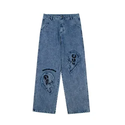 Pantalones vaqueros Retro lavados con bordado de parche para hombre, Jeans holgados de algodón, estilo Hip Hop, Kpop, 2021