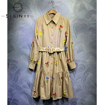 

SEQINYY Shirt Dress 2020 Spring Autumn New Fashion Design Women Colorful Flowers Embroidery Knee Dress Belt Print Runway