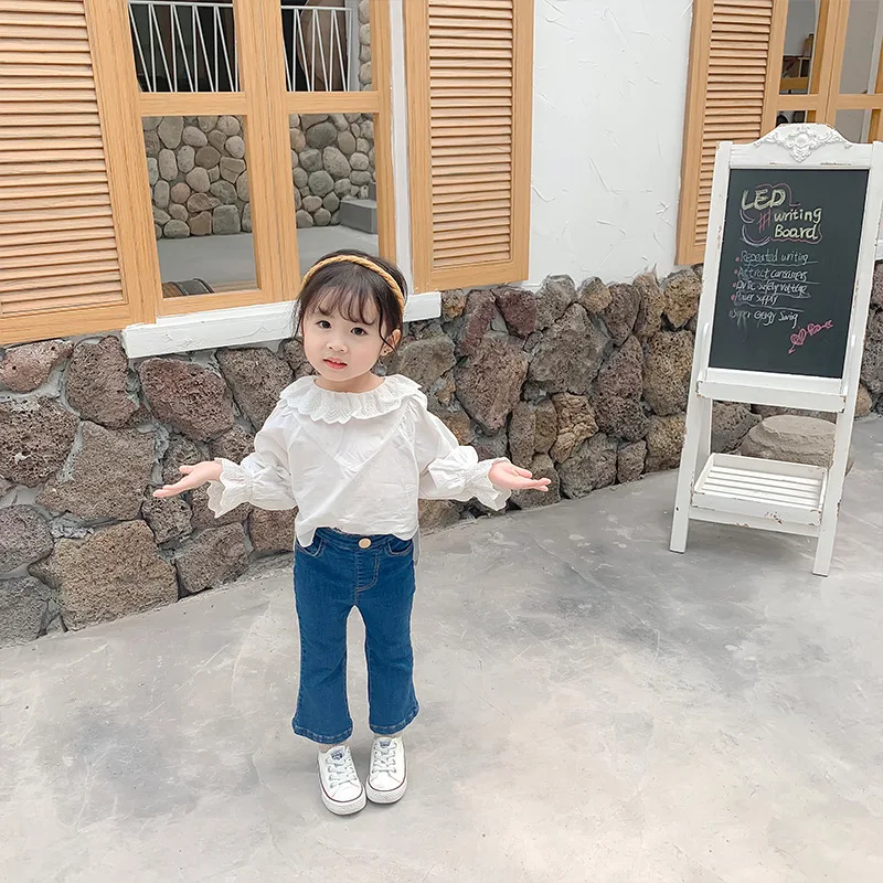 Рубашка с длинными рукавами для девочек из Южной Кореи пальто из хлопка новая стильная детская рубашка в Корейском стиле с кукольными рукавами на осень