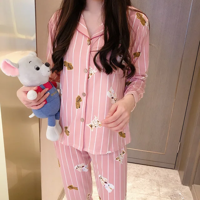 CAIYIER Autumn Winter New Sleepwear Set Women Turn-down Collar Pajamas Cute Cartoon Pattern Button Top+Pants Leisure Home Wear 908-17