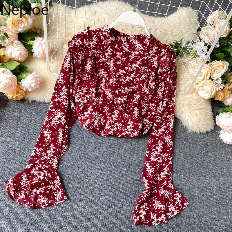 Neploe Flower Print Blouse Women Elegant Stand Collar Flare Sleeve Ladies Blusa Shirts Spring 2020 Fashion Ruffles Tops Femme | Женская