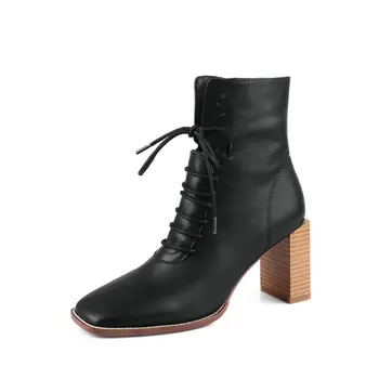 

Fashion genuine leather high Heels Women Ankle Boots Shoes Woman 2020 Autumn Winter lace up squzre Toe dress Boots