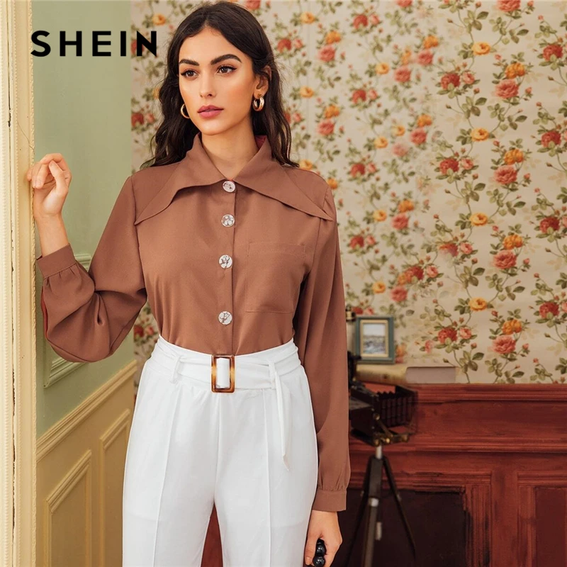 Женская однотонная блузка SHEIN коричневая офисная с карманами и пуговицами