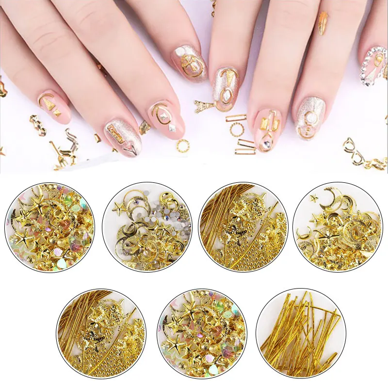 

1Bottle Metal Moon Star Nail Glitter Flakes Sequins Nails DIY Gold Strip Manicure Tools Colorful Tips Shiny Nail Art Decorations