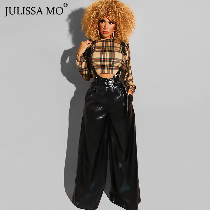 Julissa mo, красные сексуальные широкие штаны из искусственной кожи, женские комбинезоны, осенние свободные длинные штаны с высокой талией и поясом, комбинезон, брюки - Цвет: Черный