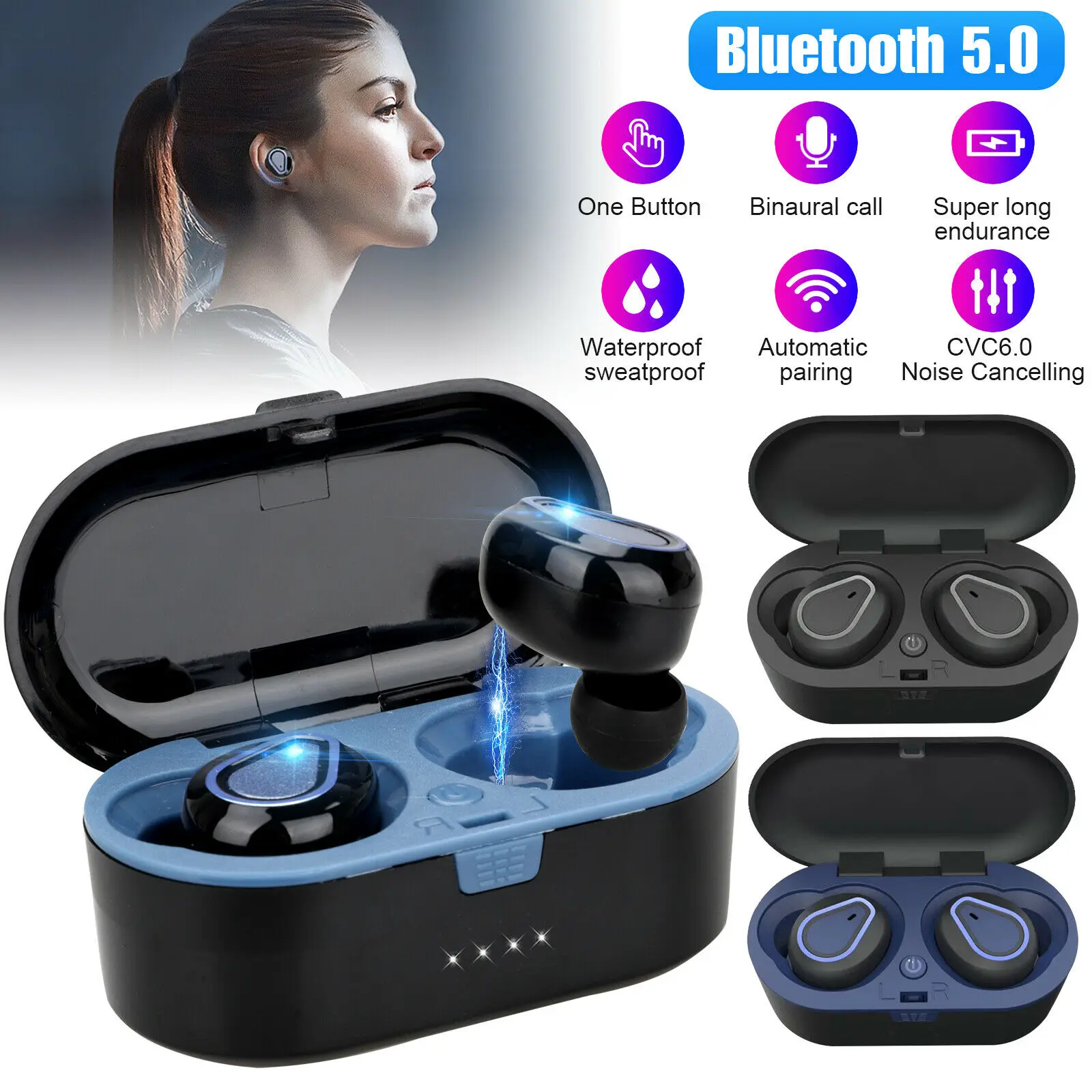 

Wireless Earphones TWS Bluetooth 5.0 Mini Earbuds Stereo Bass LED Power Display Noise Cancelling Sports Waterproof Earbud In Ear