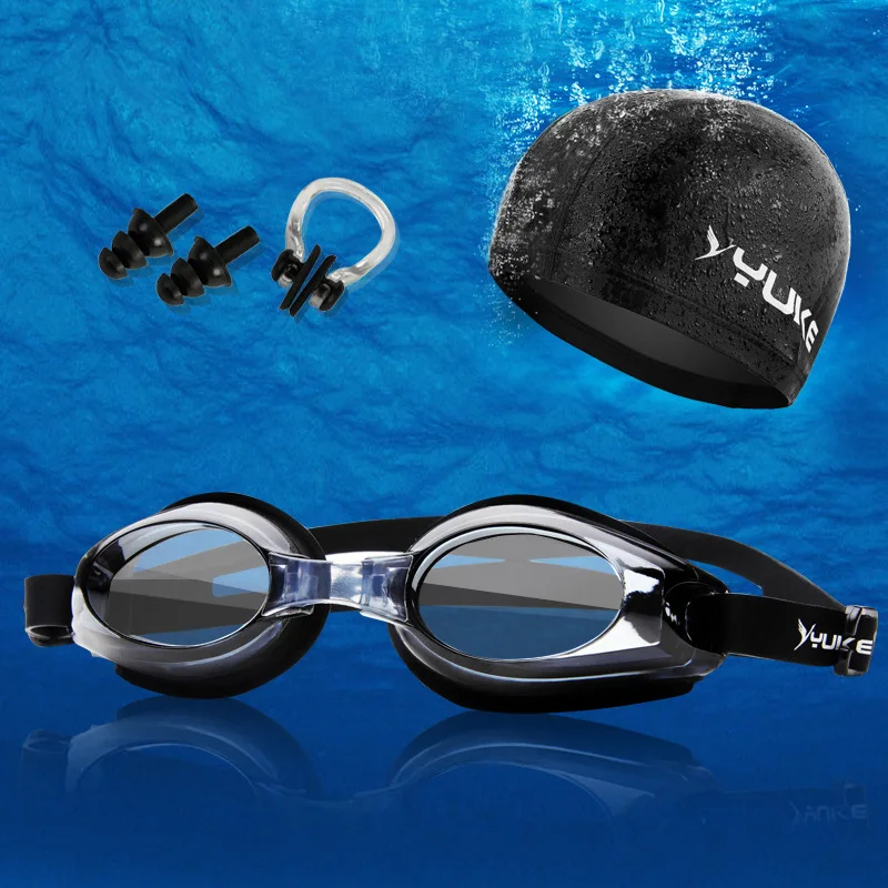 

Yuke Genuine Product Waterproof Anti-fog Plain Glass Goggles + Earmuff Swimming Cap Men And Women Long Hair Men Pu Coating Not S