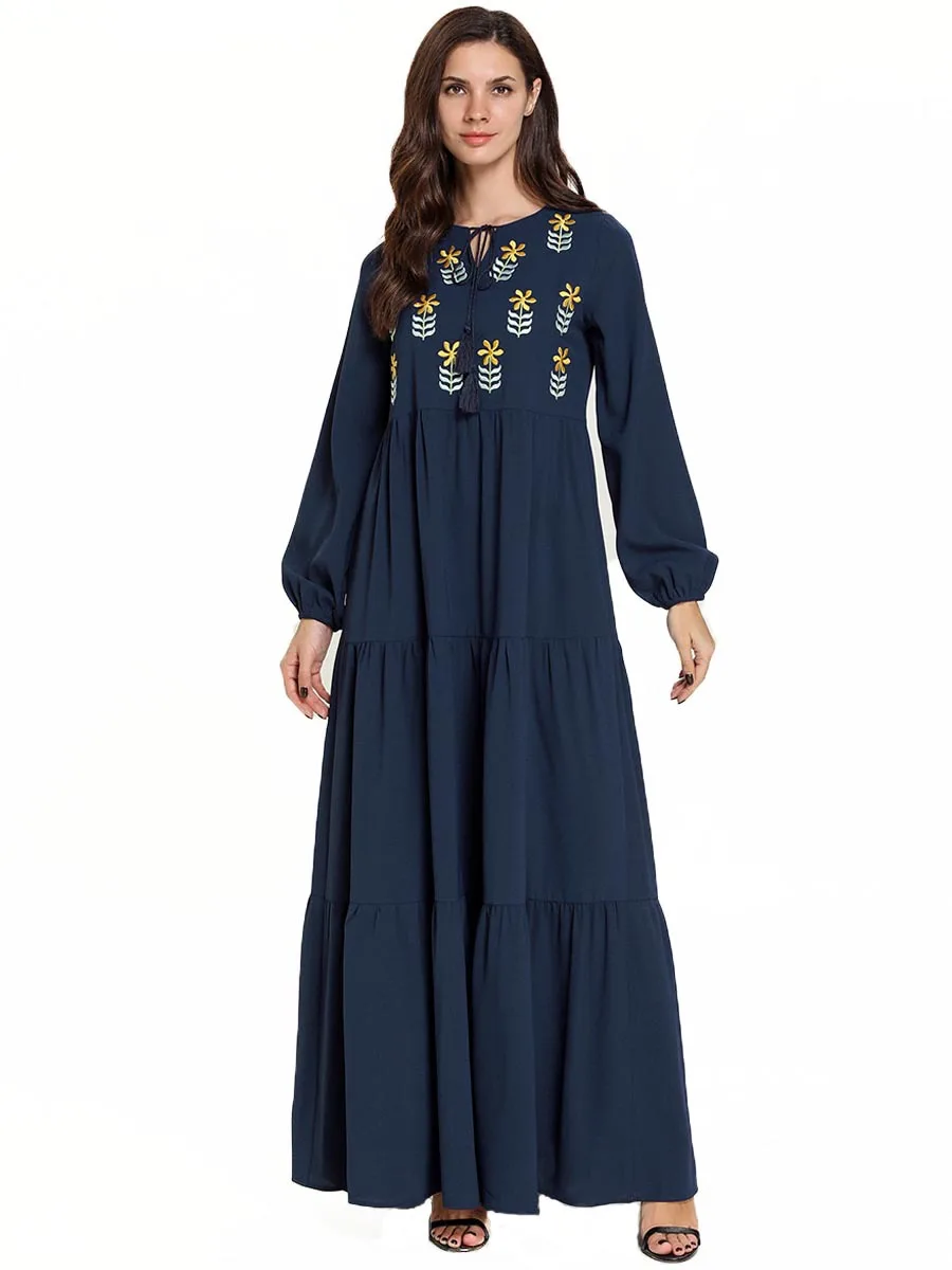 Женское мусульманское платье макси с вышивкой и длинным рукавом Abaya турецкое
