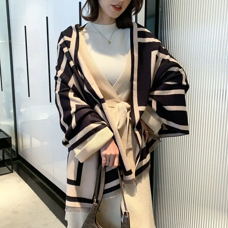 New 2020 Geometric Knit Winter Scarf For Women Cashmere Like Pashmina Shawl Wrap Female Warm Blanket Scarves Tassel Stole Hijab Women S Scarves Aliexpress