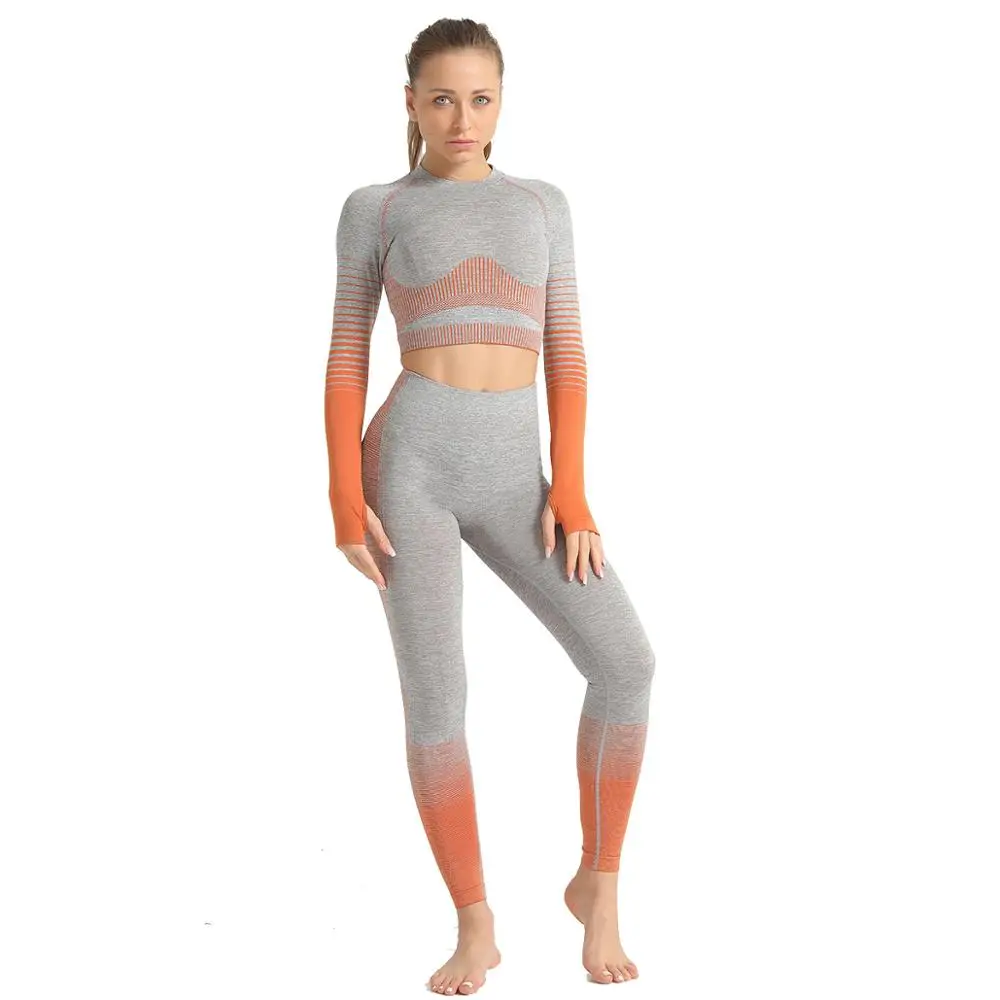 Women Seamless Yoga Set Fitness Sports Suits Gym Cloth Yoga Long Sleeve Shirts High Waist