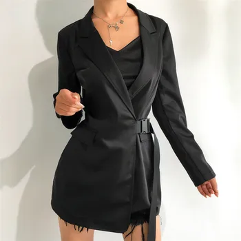 

Women Chic Solid Blazer Elegant Office Suit Top Pockets Buckle Belted Long Sleeve OL Wear Coat Female Casual Blazers Outerwear