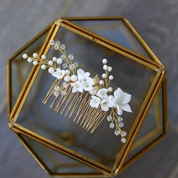 

Delicate Porcelain Flower Small Wedding Comb Hair Piece Handmade Crystal Bridal Accessories Women Hair Ornament