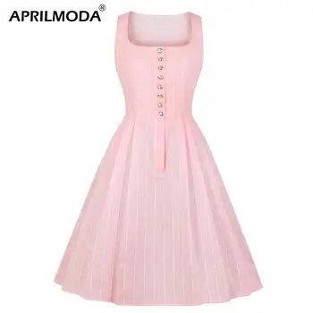 

Women Vintage Princess Striped Printed Party Dress Aline Pinup Short Swing Dresses Pink Retro Vintage Rockabilly Beach Sundress